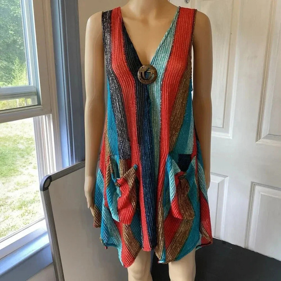 Rima Colorful Summer Flowy Mini Sleeveless V-neck Swing Dress Sz L-XL Largenlook - Picture 9 of 9